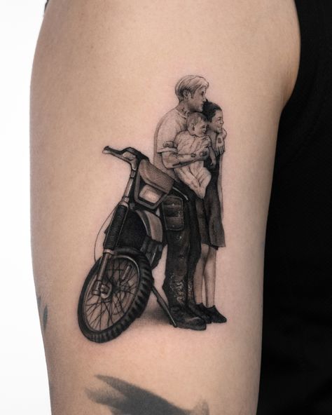 The Place Beyond the Pines tattoo, family photo tattoo, Luke Glanton Tattoo Luke Glanton Tattoo, Beyond The Pines Tattoo, Place Beyond The Pines Tattoos, Family Photo Tattoo, Stand By Me Tattoo, Pines Tattoo, Luke Glanton, Runner Tattoo, The Place Beyond The Pines