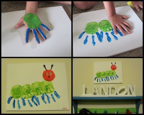 It's Spring and here comes that "Hungry Catapillary". Caterpillar Handprint, Handprint Pictures, Handprint Ideas, Handprint Painting, Green Caterpillar, Hungry Caterpillar Craft, Caterpillar Craft, Fingerprint Art, Bug Crafts