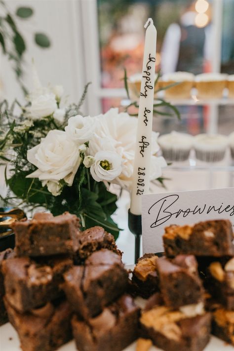 Display Brownies, Floral Plinths, Brownie Display, Personalised Napkins, Wedding Brownies, Wedding Cake Table, Personalized Napkins, Personalized Candles, Cake Table