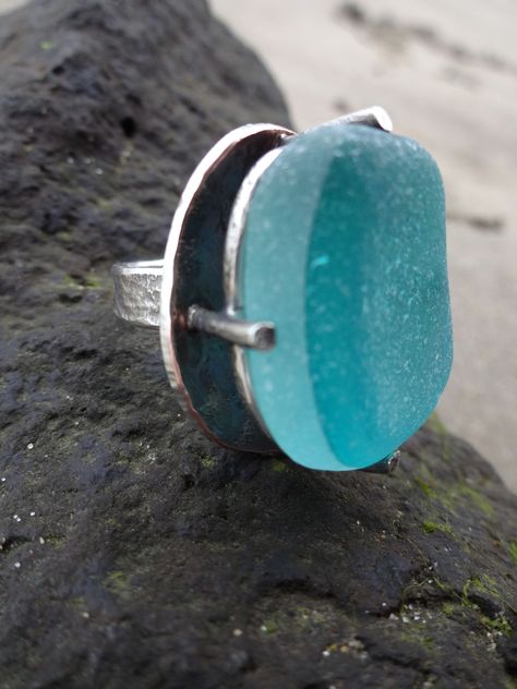 Life Aquatic ring-Victorian era sea glass prong set in silver with etched copper and reticulated silver Nameplate Necklace Silver, Quartz Crystal Jewelry, Sea Glass Ring, Etched Copper, Life Aquatic, Glass Rings, Sea Glass Jewelry, Modern Jewelry, Resin Jewelry