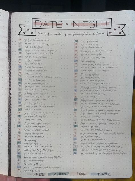 Date night ideas for couples to spend quality time together. #bulletjournal #journaling #coupleideas #datenight #datenightideas #dateideas #romantic #calligraphy #indiana #michigan Couple Organization Ideas, Date Ideas Journal Page, Journal Ideas Couples, Journal Couple Ideas, Couple Notebook Ideas, Romantic Journal Ideas, Couple Journal Ideas Relationships, Couples Journal Ideas, Couple Diary Ideas