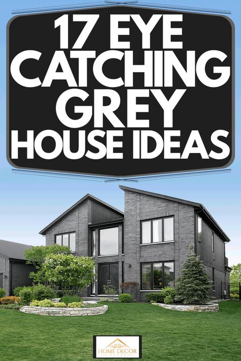 17 Eye-Catching Grey House Ideas - Home Decor Bliss Grey House With Front Porch, Gray Color House Exterior, Grey Houses With Black Trim, Light Grey Painted Brick House Exterior, Light Gray And Black House Exterior, Gray Black House Exterior, Grey Vinyl Siding House, Medium Grey House Exterior, Light Grey House With Black Trim