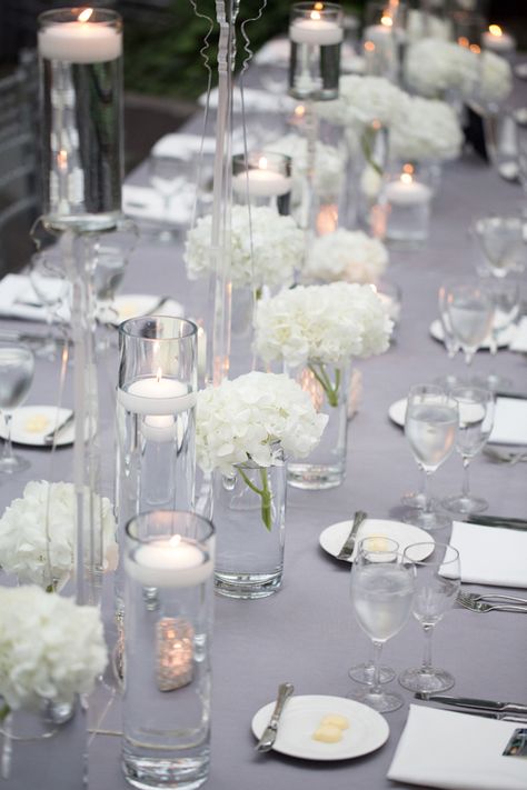 Flowers And Candles, Rustic Wedding Decorations, Hydrangea Centerpiece, White Centerpiece, Wedding Photo Gallery, Silver Table, Lilac Grey, Wedding Centerpieces Diy, Long Table