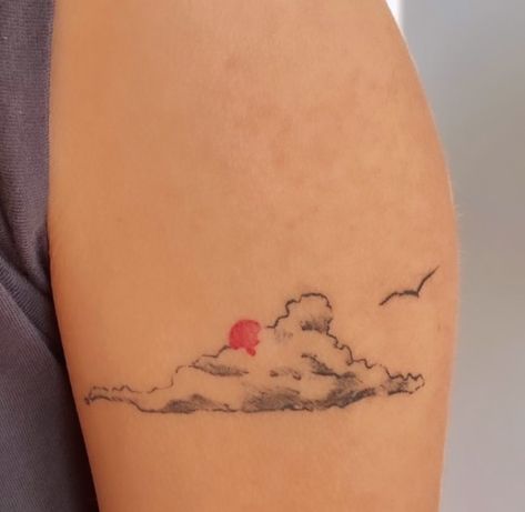 Tattoo Of Clouds, Sunrise Fine Line Tattoo, Sun Behind Clouds Tattoo, Stormcloud Tattoo, Dreamy Tattoo Ideas, Sun And Clouds Tattoo, Soft Tattoo Aesthetic, Head In The Clouds Tattoo, Earthy Tattoos Nature