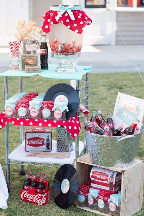 Retro Mother's Day party! See more party planning ideas at CatchMyParty.com! 50s Themed Dinner Party, 1950s Birthday Party Ideas, 50s Diner Themed Party Ideas, Grease Themed Party Decoration, Retro Party Ideas, 50s Diner Party, Diner 50s, 1950s Party Ideas, Rockabilly Christmas