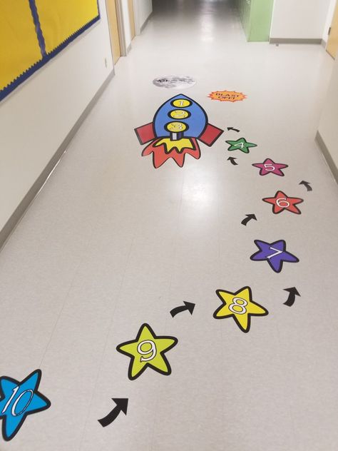 Floor Activity Preschool, Floor Activities For Preschool, School Floor Painting Ideas, Preschool Line Up Ideas Floors, Backward Counting Activities, Kindergarten Floor Design, Outer Space Gross Motor Preschool, Elementary School Corridor Design, Motor Skills Preschool