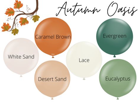 Autumn Oasis / Balloon Garland Kit or Solo Pack Step into fall with our Autumn Oasis color palette. Created with a blend of evergreen, eucalyptus, lace, white sand, desert sand, and caramel brown, this palette captures the essence of the fall season. Whether you're planning a rustic wedding, a cozy harvest gathering, or simply want to infuse your space with the warmth of autumn, these elegant colors will create a soothing and inviting atmosphere that resonates with the spirit of the season. UNLE Oasis Color Palette, Autumn Harvest Party, Birthday Autumn, Fall 1st Birthdays, Fall Harvest Party, Fall Party Decorations, Fall Party Themes, Rustic Thanksgiving, 5 Balloons