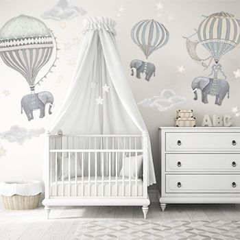 Create a Dreamy Elephant Nursery with this Kit. Includes every you need to create the perfect Elephant nursery, Hot Air Balloon wall decals, actual color swatches and an easy install guide. All created exclusively for you by artist Beverley Wolter. 3 Elephants, Baby Nursery Inspiration, Baby Boy Room Decor, Nursery Room Design, Girl Nursery Room, Baby Room Inspiration, Baby Boy Room Nursery, Baby Room Wall, Baby Room Design