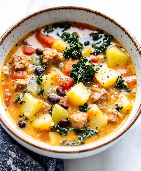 Sausage Potato And Kale Soup Recipe Kale Recipes Soup, Chicken And Kale Soup, Parmesan Cream Sauce Recipe, Kale Sweet Potato Soup, Kale Sausage Soup, Juicy Steak Bites, Potato And Kale Soup, Creamy Salsa Verde, Portuguese Kale Soup