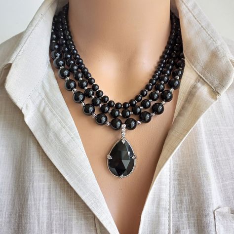 Onyx Necklace, Handmade Black Beaded Women's Jewelry, Boho Style Special Statement Delicate Pendant Necklace, Mother's Day Gift by GMentorJewelry on Etsy Black Necklace Elegant, Layered Beaded Necklaces, Delicate Pendant, Jewelry Elegant, Boho Chic Jewelry, Onyx Necklace, Black Onyx Stone, Black Accessories, Onyx Bead