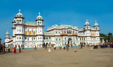 Janaki Mandir is a Hindu temple in Janakpur, Nepal, dedicated to the Hindu goddess Sita. Fully built in bright white and constructed in an area of 1,480 square metres (4,860 sq. feet) in a mixed style of Mughal and Hindu Kingdomship of ancient Nepal.  For More Info : https://www.hopnepal.com/blog/ram-janaki-mandir-janakpur-nepal 📷 : thrillophilia #hopnepal #visitnepal #nepal #Janaki_Mandir #Janaki_temple #Hindu #ram #Janakpur Janaki Temple, Janakpur Nepal, Janaki Mandir, Goddess Sita, Temple Hindu, Mughal Architecture, Hindu Goddess, The Hindu, Hindu Temple