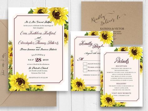 Sunflower Wedding Invitations Burgundy Yellow Rustic Boho Fall Wedding The design is completely customizable to match any wedding style. You can change the Font color, wording, size and information at no additional cost. Sunflower Wedding Invitation Template, Yellow Wedding Invitations, Sunflower Themed Wedding, Sunflower Wedding Invitations, Wedding Invitations Online, Cheap Wedding Invitations, Printing Wedding Invitations, Fall Wedding Invitations, Laser Cut Wedding