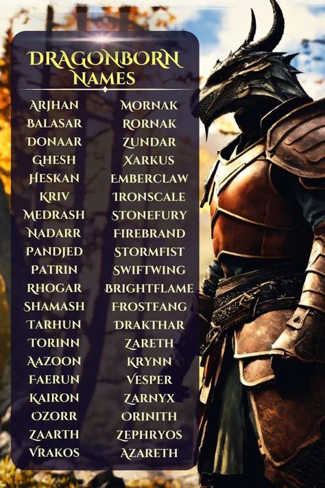 Dragonborn Names Dragonborn Names Dnd, Fantasy Races List, Skyrim Names, Names That Mean Dragon, Dragon Names Ideas, Npc Names, Dragonborn Names, Fantasy Character Names, Female Character Names