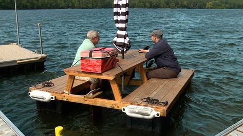 Maine man's motorized, floating picnic tables turning heads Floating Picnic Table, Picnic Table Plans, Picnic Tables, Trolling Motor, Outdoor Stuff, A Picnic, Table Plans, Diy Wood Projects, Diy Wood