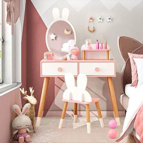 toddler kids girls pink desk and chair gifts for kids girls furniture amazon finds Kids Makeup Vanity, Toddler Vanity, Rabbit Mirror, Kids Vanity Set, Kids Dressing Table, Girls Vanity, Drawer Shelf, Makeup Dressing Table, Vanity Table Set