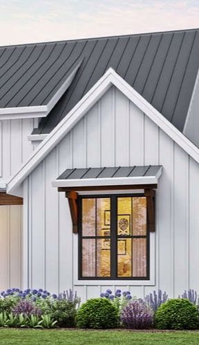 Small Awnings Over Windows, White Siding With White Windows, Window Overhangs Exterior, Modern Farmhouse Window Awning, Awing Window Design, Roof Peak Accents, Metal And Wood Awnings For Windows, Window Awnings Exterior Farmhouse Metal, Metal Awning Over Window Modern Farmhouse