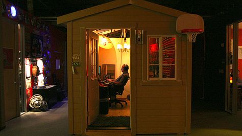 Seriously thought about getting some of these at Redfin. I believe they are custom Tuff Sheds: http://www.tuffshed.com/product/premier-pro-ranch/ Pixar Offices, Mike Giant, Office Cubicles, Pixar Animation, Office Cubicle, Creative Jobs, Creative Workspace, Cool Office, Cubicle