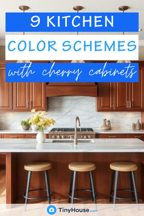 Cherry cabinets are rich and timeless, but finding the right color scheme can be tricky. Explore 9 beautiful color schemes that complement the deep, warm tones of cherry wood. From soft neutrals to vibrant contrasts, these ideas will give your kitchen a fresh, updated feel while letting the beauty of your cabinets shine. Perfect for creating a cozy and inviting space! Cherry Kitchen Cabinets, Kitchen Color Schemes, Rv Redo, Cherry Kitchen, Cherry Cabinets, Kitchen Colour Schemes, Tiny House Kitchen, Kitchen Color, Unique Kitchen