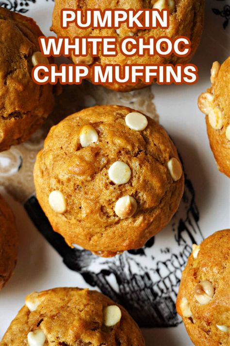 Pumpkin White Chocolate Chip Muffins, incredibly fluffy, moist and baked to perfection. The muffins are super easy to make, and are ready in well under 30 minutes from scratch. Fall's favourite veggie and chocolate are definitely a match made in heaven. Pumpkin Muffins With White Chocolate Chips, Pumpkin Spice White Chocolate Muffins, Pumpkin White Chocolate Chip Cookies Healthy, White Chocolate Pumpkin Muffins, Pumpkin White Chocolate Chip Muffins, White Chocolate Chip Muffins, Witchy Tea, Pumpkin White Chocolate, Mini Pumpkin Muffins