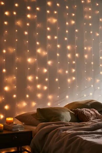 Fairy Lights On Wall, Wall String Lights, String Lights In The Bedroom, Fairy Lights Bedroom, Curtain String Lights, House Room, Room Inspiration Bedroom, Dream Bedroom, My New Room