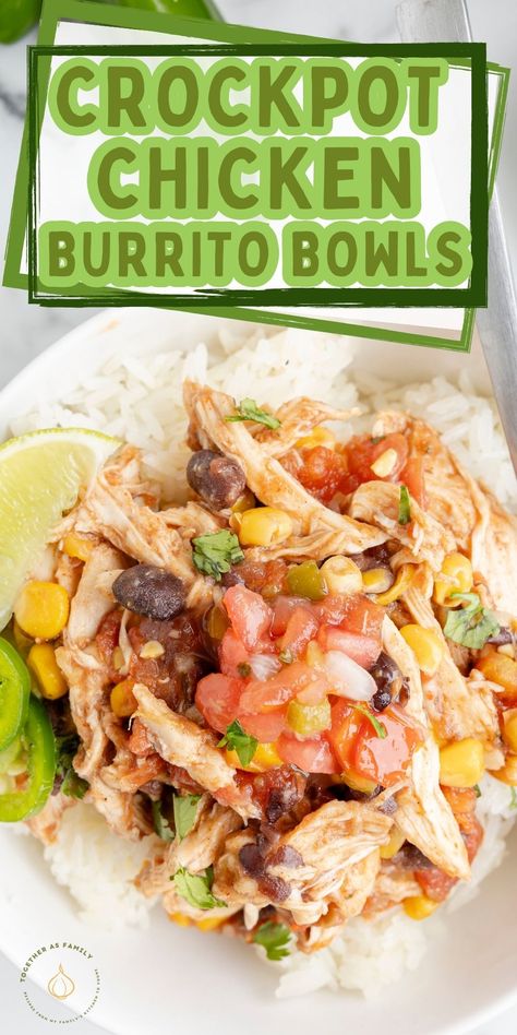 Get a delicious dinner on the table with this easy crockpot recipe for Chicken Burrito Bowls. Quick and easy to make with fresh ingredients like chicken, corn, black beans, salsa, and fresh lime juice. Make these easy burrito bowls for a perfect meal that the entire family will love. Easy Crockpot Chicken Burrito Bowl, Crockpot Burrito Bowl, Crockpot Chicken Burrito Bowl, Crockpot Southwest Chicken, Chicken Corn Black Beans, Chicken Burrito Bowls, Crockpot Chicken Healthy, Slow Cooker Dinner Recipes, Burrito Bowls Recipe