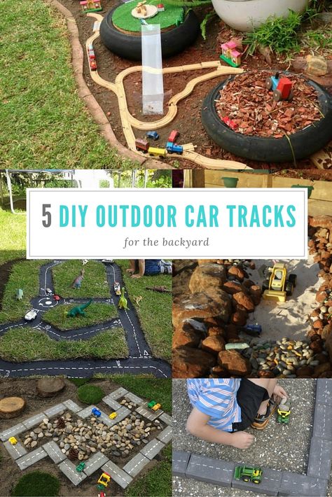 Outdoor car tracks for the backyard - 5 fab ideas Outdoor Car Track, Outdoor Car Track For Kids, Car Tracks For Kids, Diy Outdoor Toys, Eyfs Outdoor Area, Outdoor Kids Play Area, Lego Juniors, Outdoor Play Spaces, Outdoor Play Areas