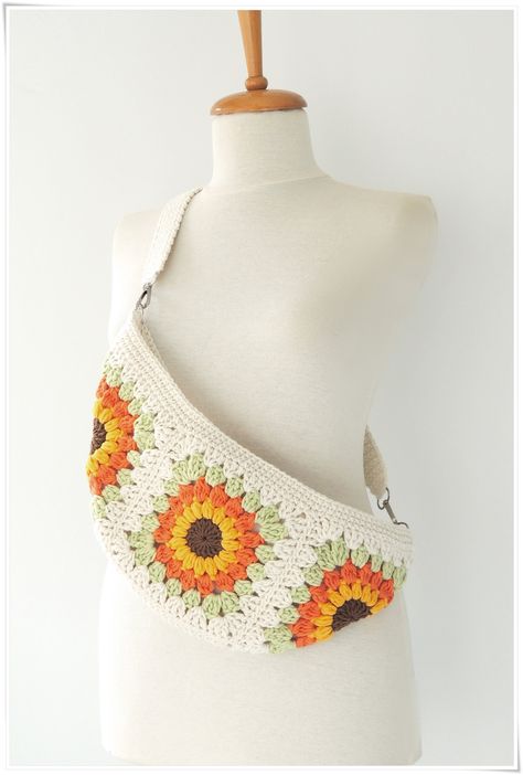 Sunflower Bag, Crochet With Cotton Yarn, Fanny Bag, Granny Square Bag, Bohemian Bags, Hippie Bags, Crochet Purse, Festival Bag, Patchwork Bags