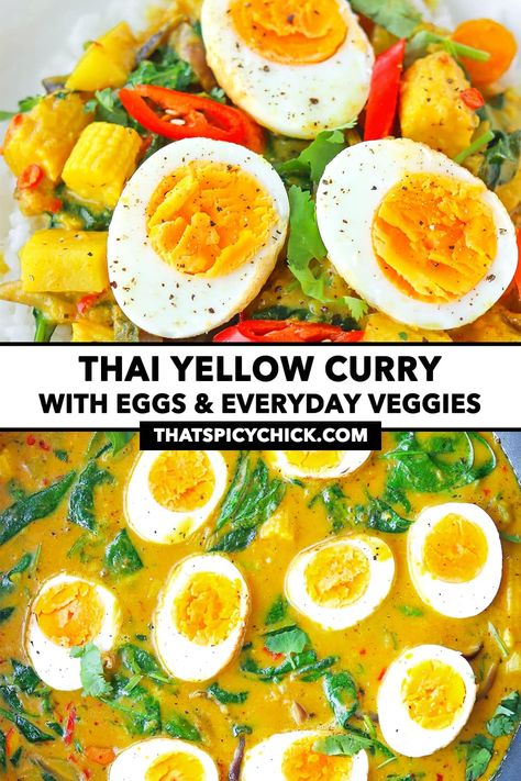 This Thai Yellow Egg Curry is easy to make at home and incredibly delicious! Hard boiled eggs are fried to form a crispy golden crust, then served in a mouthwatering velvety Thai yellow curry with plenty of feel-good everyday veggies like carrots, potatoes and baby spinach. It's better than takeout and is Thai comfort food at its best! #thaiyellowcurry #thaicurry #yellowcurry #eggcurry #dinner #Thaifood #eggs #easyrecipes #curry #glutenfree #dairyfree | Thai Spicy Chick Fried Hard Boiled Eggs, Everyday Veggies, Thai Yellow Curry, Yellow Curry Paste, Chicke Recipes, Carrots Potatoes, Yellow Curry, Better Than Takeout, Egg Curry