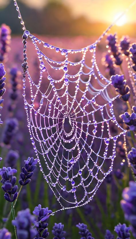 In a macro shot, morning dew glistens on the delicate spider web interlaced among lavender flowers. Dew On Spider Web, Sigil Creation, Spider Web Aesthetic, Dew On Flowers, Spider Web Photography, Dew Aesthetic, Soft Tattoo, Purple Spider, Spider Drawing