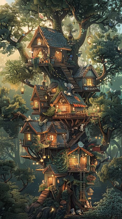 "Enchanted Treehouse Escape: An elaborate treehouse nestled within a #lushforest with multiple levels, bridges, and glowing lanterns. #fantasyscape #outdoordesign #treetopliving #forestretreat ⬇️ Download and 📝 Prompt 👉 https://stockcake.com/i/enchanted-treehouse-escape_695956_860939" Fantasy Treehouse Village, Tree House Castle, Forest House Aesthetic, Magical Tree House, Fantasy Tree House, Treehouse Art, Fantasy Treehouse, Magical Treehouse, Fairy Treehouse