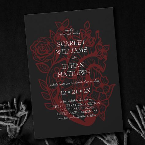 $2.92 | Gothic Elegant Red & Black Floral Heart Wedding In #gothic, elegant, red and black, floral heart, black wedding, moody, eerie, hallowedding, black invitations, vampire wedding Elegant Halloween Wedding Invitations, Black And Red Christmas Wedding, Black And Red Wedding Invites, Black And Maroon Wedding Invitations, Black And Red Gothic Wedding Theme, Black And Burgundy Wedding Invitations, Red And Black Gothic Wedding, Red And Black Wedding Aesthetic, Black And Red Wedding Theme Decor