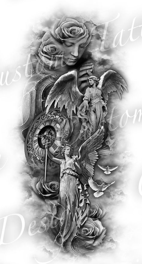 customtattoodesigns on Twitter: "full sleeve design https://t.co/3vd97quK9y    #retweet #tattoo… " Tattoo Crane, Angel Sleeve Tattoo, Tato Maori, Chicano Tattoos, Religious Tattoo, Angel Tattoo Designs, Religious Tattoos, Cat Tattoos, Geniale Tattoos