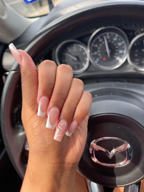 Acrylic Nails Designs With Initials, French Tip Nails W Initial, Nails With Initials And Heart, Heart Nail Inspo Acrylic, White Acrylic Nails With Initial Design, Nails With Hearts And Initials, Nail Designs With Initials On Them, French Nails With An Initial, Nails With L Initial Acrylic