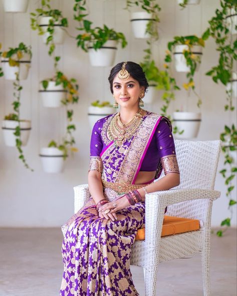 Saree Ready To Wear, Bridal Sarees South Indian, Blouse Indian, Purple Saree, Indian Designer Sarees, Indian Silk Sarees, Indian Wedding Wear, Saree Blouse Designs Latest, Indian Bridal Fashion