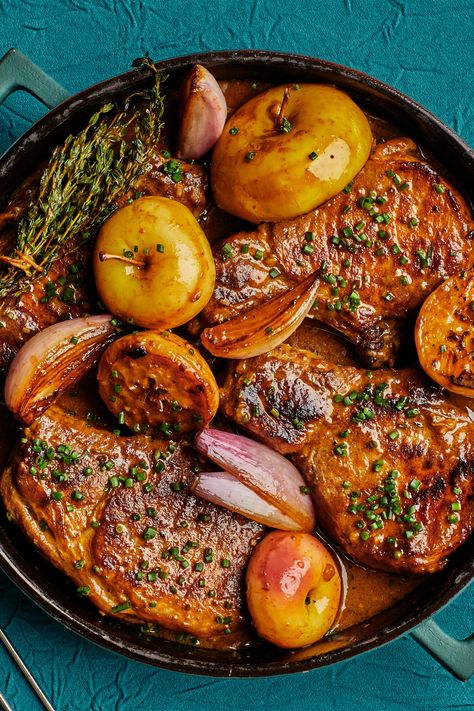 Braising doesn’t have to mean long cooking times. For tender cuts like pork chops, the secret to a great braise lies in the method, not in hours on the stove. Deglazing the pan with a tart-savory combination of hard cider, vinegar, and stock loosens up that layer of browned goodness and reduces down to gravy in about 20 minutes. To finish, the chops simmer in the sauce until they’re cooked through. Voilà: cooked-all-day depth and flavor in under an hour. Braised Pork Chops, Apple Cider Vinegar Chicken, Mustard Pork Chops, Tender Pork Chops, Savory Tart, Cozy Meals, Hard Cider, Braised Pork, Low Sodium Chicken Broth