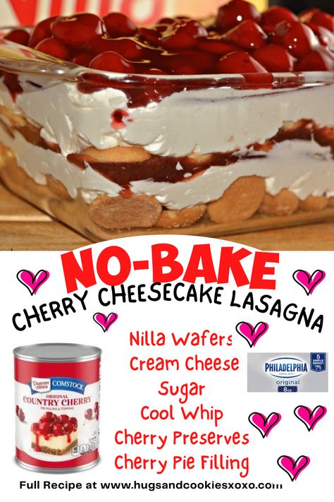 No-Bake Cherry Cheesecake Cookie Lasagna Dessert Recipes For Picnic, Cheesecake Casserole, Fridge Desserts, Cookie Lasagna, Cheesecake Lasagna, Desserts Easy No Bake, Cake Treats, Cheesecake Cookie, Diner Ideas