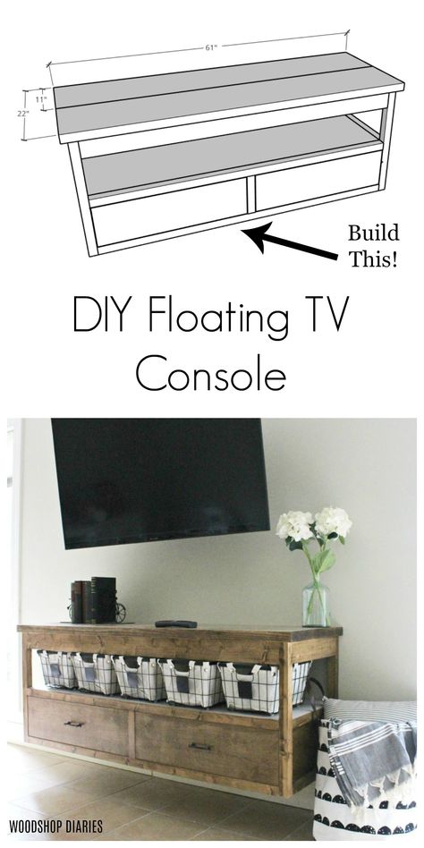 How to build a DIY floating TV console with these free plans!  Free plans to build a modern floating TV stand with storage drawers.  Fun modern design can also double as a dresser, or vanity! Diy Floating Tv Console, Diy Floating Vanity, Tv Console Diy, Modern Floating Vanity, Floating Console, Console Modern, Diy Furniture Tv Stand, Floating Tv Console, Floating Tv Shelf