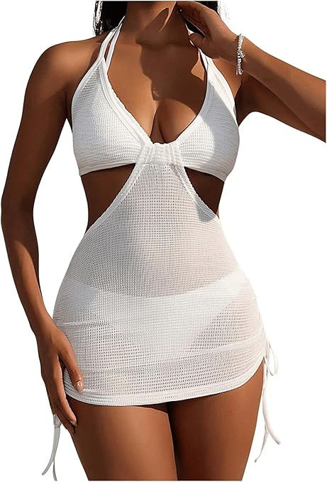 Women's Sheer Mesh Cut Out Bathing Suit Cover Up Bodycon Dress Backless Drawstring Halter Swim Cover Ups Solid Color Bikinis, Trendy Swimsuits, Bathing Suit Cover, Dress Backless, Bathing Suit Cover Up, Women Halter, Women's Cover Up, Elegant Dresses Long, Cover Ups