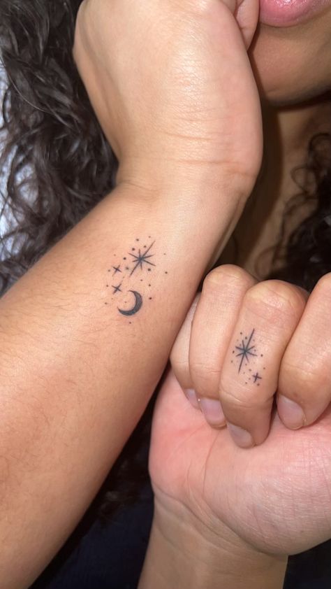 Tattoos With Crescent Moon, Small Matching Moon Tattoos, Moon And Stars Ankle Tattoo, Sun Moon Star Tattoo Small Simple, Mother Daughter Tattoos Moon And Stars, Tattoo Ideas Female Moon And Stars, Sun Moon Star Cloud Tattoo, Sun And Moon Wrist Tattoos For Women, Moon And Stars Tattoo Wrist