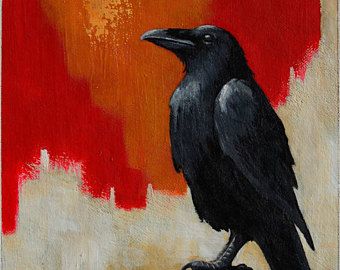 Raven painting, black bird painting, crow image, small red & black wall art, original art, 6x6 acrylic painting within an 11x14 inches mount Black Bird Drawing, Raven Drawings, Crow Story, Raven Painting, Crow Images, Crows Drawing, Crow Painting, Unstretched Canvas, Bird Drawing