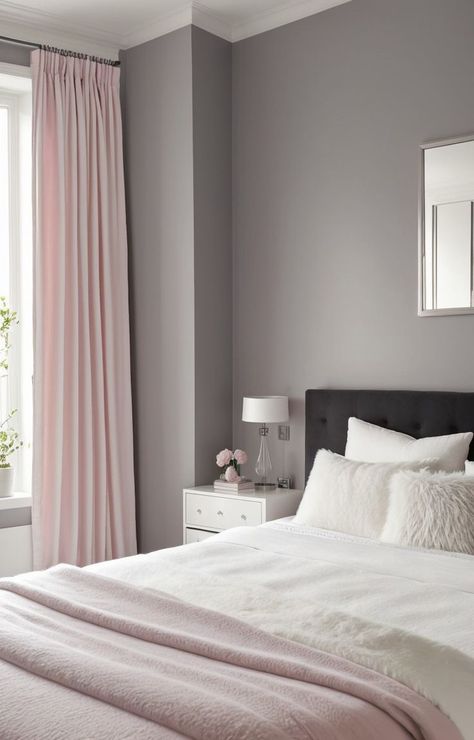 Create a chic and soothing bedroom aesthetic by incorporating pink, grey, and white elements. Opt for a statement wall in soft pink, complemented by grey bedding and a white fur rug, for a stylish and relaxing space. Pink Grey White Bedroom, Pink Bedding Bedroom, Pink Grey And White Bedroom, Grey White Bedroom, Grey And White Bedroom Ideas, Grey And White Bedroom, Pink Gray Bedroom, Light Pink Bedrooms, White Fur Rug