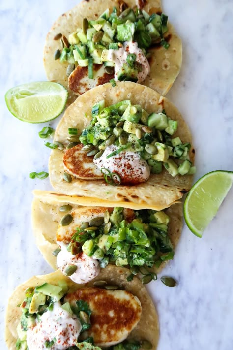 Halloumi Tacos with Spicy Pico Verde Halloumi Tacos Recipe, Tacos Recipes Vegetarian, Vegetarian Recipes Summer, Vegetarian Dinner Party Recipes, Halloumi Tacos, Spicy Salsa Verde, Halloumi Avocado, Mexican Hot Sauce, Halloumi Recipes