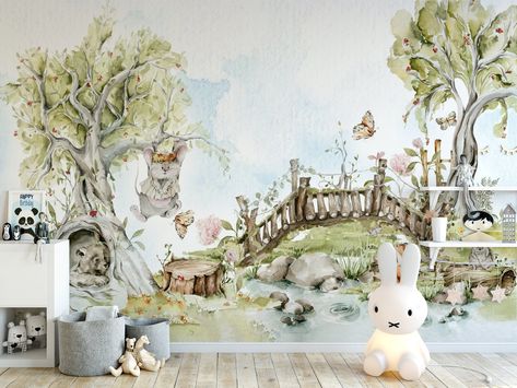 Forest Kids Room, Kindergarten Wallpaper, Forest Animal Nursery, Rabbit Wallpaper, Woodland Wallpaper, Rabbit Wall Art, Woodland Wall Art, Woodland Wall, Kids Room Decals