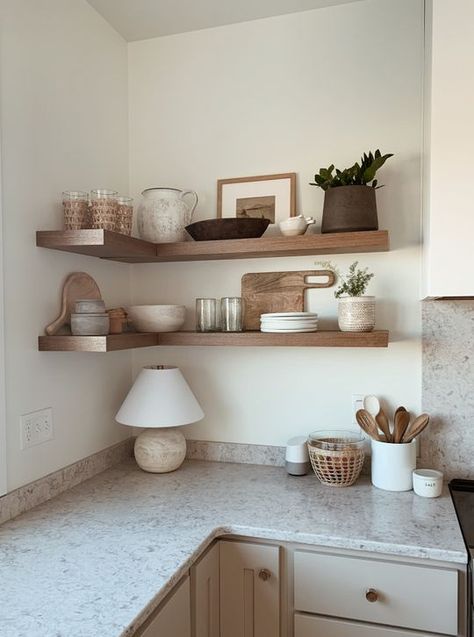 Corner Shelves Kitchen, Suite Decor, Kitchen Shelf Styling, Floating Kitchen Shelves, Kitchen Floating Shelves, Kitchen Shelf Decor, Kitchen Wall Shelves, Floating Shelves Kitchen, Prep Sink