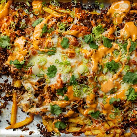 Mob — Korean Dirty Fries Recipe Dirty Fries, Crispy Fries, Loaded Fries, Indulgent Food, Potato Rice, Crispy Fry, Fries Recipe, Chili Paste, Coriander Leaves