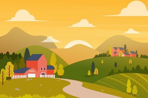 Vector Landscape Illustration, Countryside Illustration, Land Illustration, Village Illustration, Landscape Vector Illustration, Landscape Vector, Landscape Quilt, Countryside Landscape, Procreate Tutorial