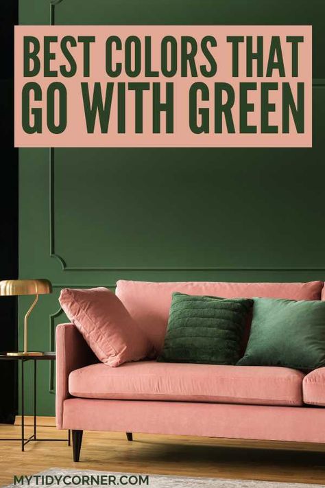 Wondering what colors go with green in home decor? Here are the best color combinations for green. Explore our tips on perfectly pairing colors with green. Discover the best colors that go well with green to help you create a stunning and cohesive decor that radiates style and charm. Whether you are looking for colors that go with olive green, sage green or forest green, we've got you covered. Find out the colors that pair with green. Green And Pink Living Room Color Scheme, Best Color Sofa For Green And Pink, Pink Couch Green Chairs, Pink Couch Green Wall, Green And Pink Sofas, Paint Colors For Olive Green Couch, Green Velvet Sofa Pink Chair, What Colors Go With Green, Green Sofa Living Room Colour Schemes