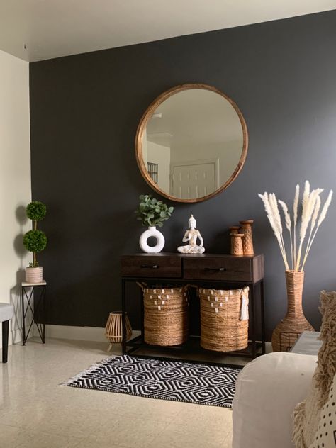 Accent Wall Grey Floors, Dark Statement Wall Bedroom, Slate Gray Accent Wall, Modern Moody Living Room Accent Wall, Charcoal Wall Living Room, Charcoal Grey Accent Wall Living Room, Beige And Charcoal Living Room, Black Walls With Gold Accents, Accent Black Wall Living Room