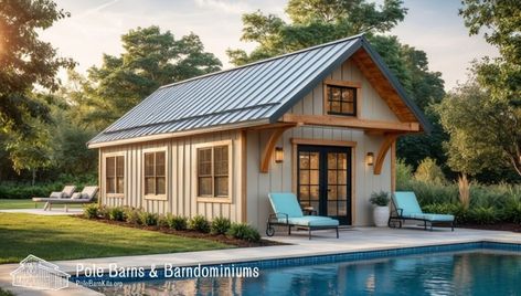 Pole Barn Pool House: The Perfect Addition to Your Backyard Adu Pool House Plans, Shed Pool House Ideas, Pool House With Bedroom, Pole Barn Pool House, Pool House Decorating Ideas, Pool House Guest House Combo, Small Pool House Ideas, Pool House With Bathroom, Oasis Quotes