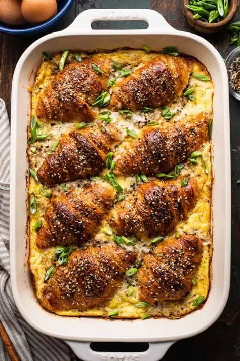 Croissant Breakfast Casserole | So Much Food Croissant Breakfast Casserole, So Much Food, Make Ahead Breakfast Casserole, Croissant Breakfast, Croissant Recipe, Warm Breakfast, Tender Beef, Baked Eggs, Easter Brunch